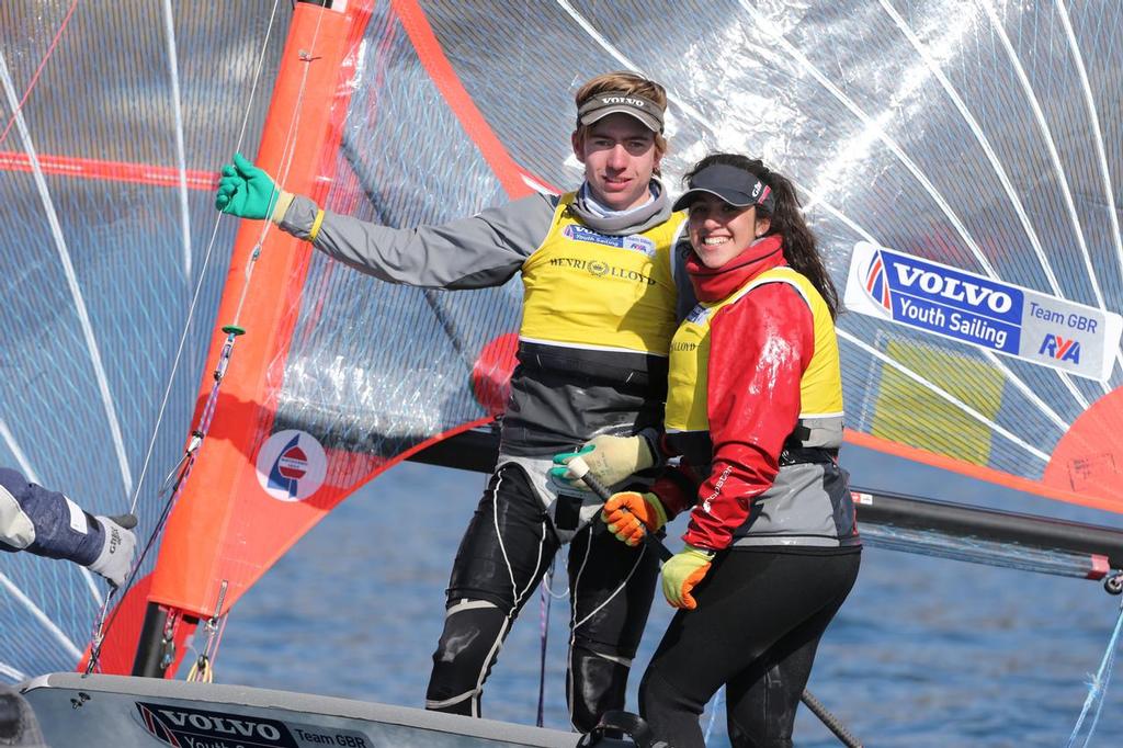 Winners of Each Class, 8, Mimi EL-KHAZINDAR, Ben BATTEN, Royal Lymington Yacht Club, 29er.  Day 5, RYA Youth National Championships 2013 held at Largs Sailing Club, Scotland from the 31st March - 5th April. <br />
 ©  Marc Turner /RYA http://marcturner.photoshelter.com/
